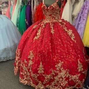 Red Quinceañera Gown with Gold Appliqués-Princesa by Ariana Vara PR30088